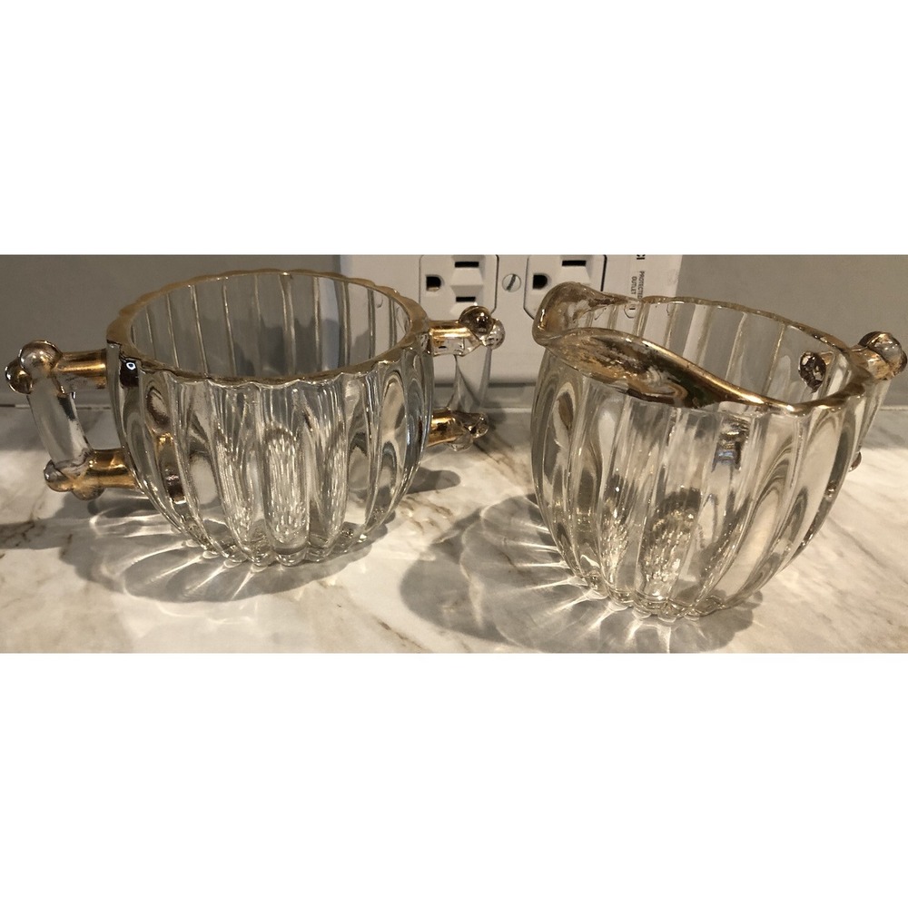 Vintage Glass Creamer and Sugar Bowl Jeanette Clear With Gold‎ Trim